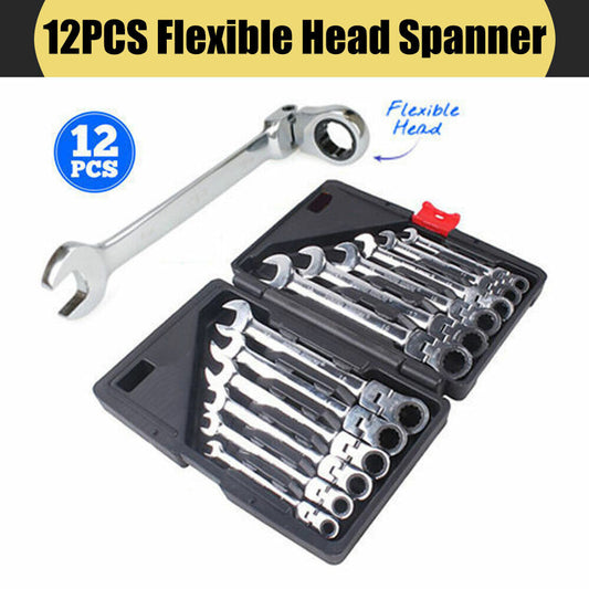 12 Pcs Metric 8-19mm Flexible Head Spanner Gear Ratchet Wrench Cr-V Steel Set