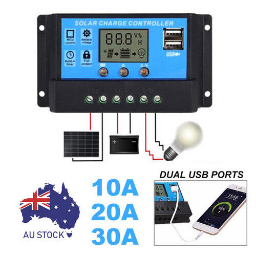 Solar Panel Regulator Charge Controller USB 10A/20A/30A 12V-24V