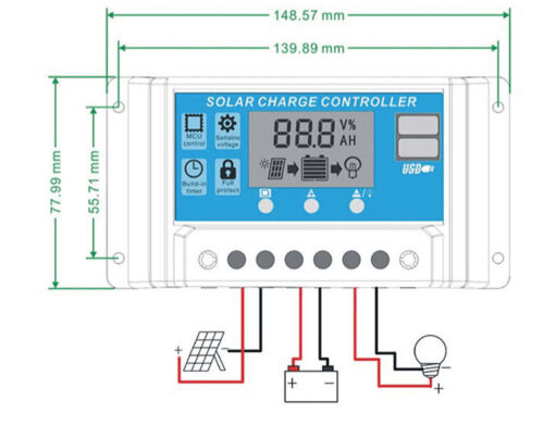 Solar Panel Regulator Charge Controller USB 10A/20A/30A 12V-24V