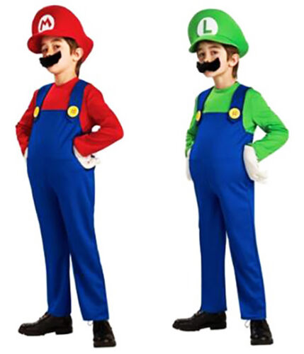 Kids Super Mario Brothers Luigi Fancy Dress Boys Girls Halloween Party Costume