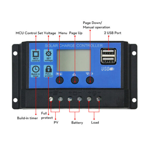 Solar Panel Regulator Charge Controller USB 10A/20A/30A 12V-24V